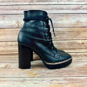 Chelsea & Violet Women’s Black Leather Chunky Heel Lace Up Combat Boots Size 8M